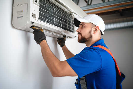 HVAC technician installing a mini split air conditioner in Redondo Beach