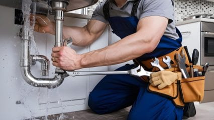 Plumber repairing pipes beneath a sink in Redondo Beach